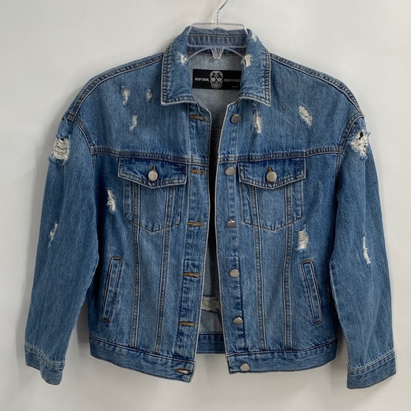 Hipchik Couture Skull Crystal Distressed Blue Denim Jacket Cotton Casual Size M - Picture 2 of 12